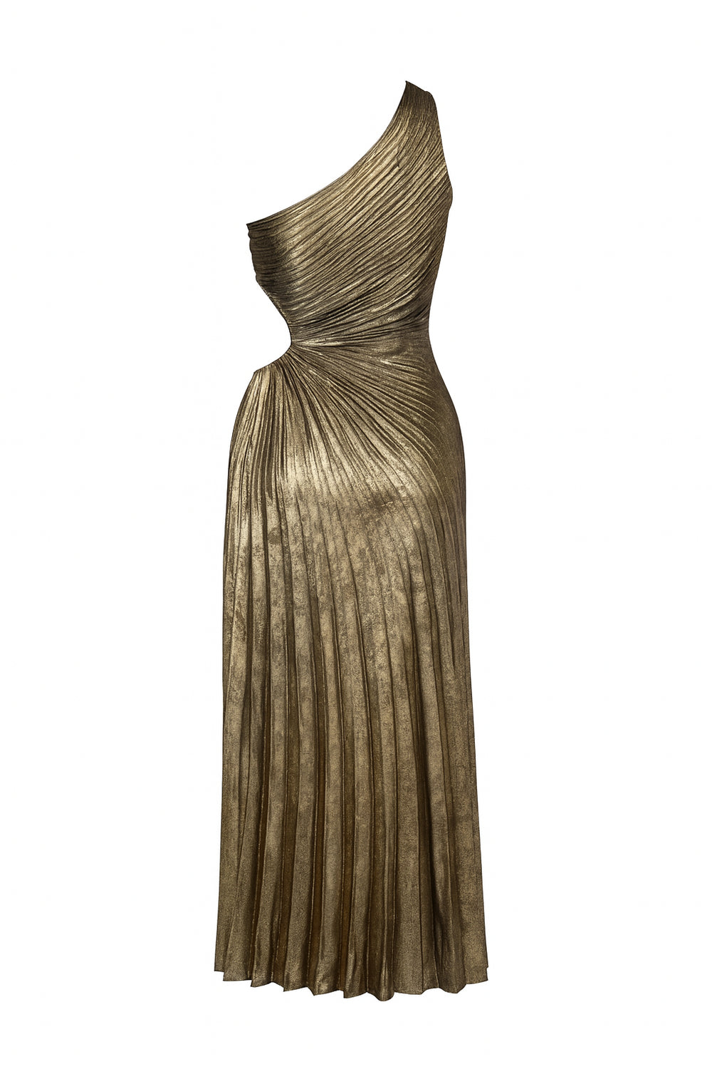 Gold one-shoulder pleated dress on a white background