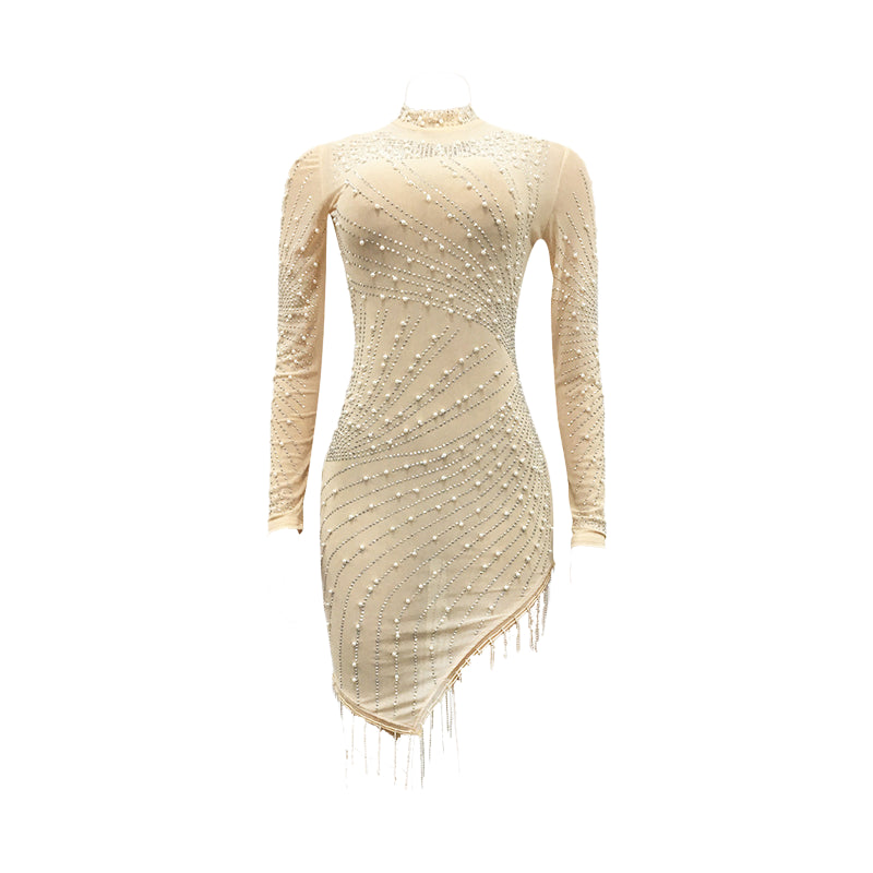Ophelia Pearl & Diamond Embellished Fringe Hem Dress